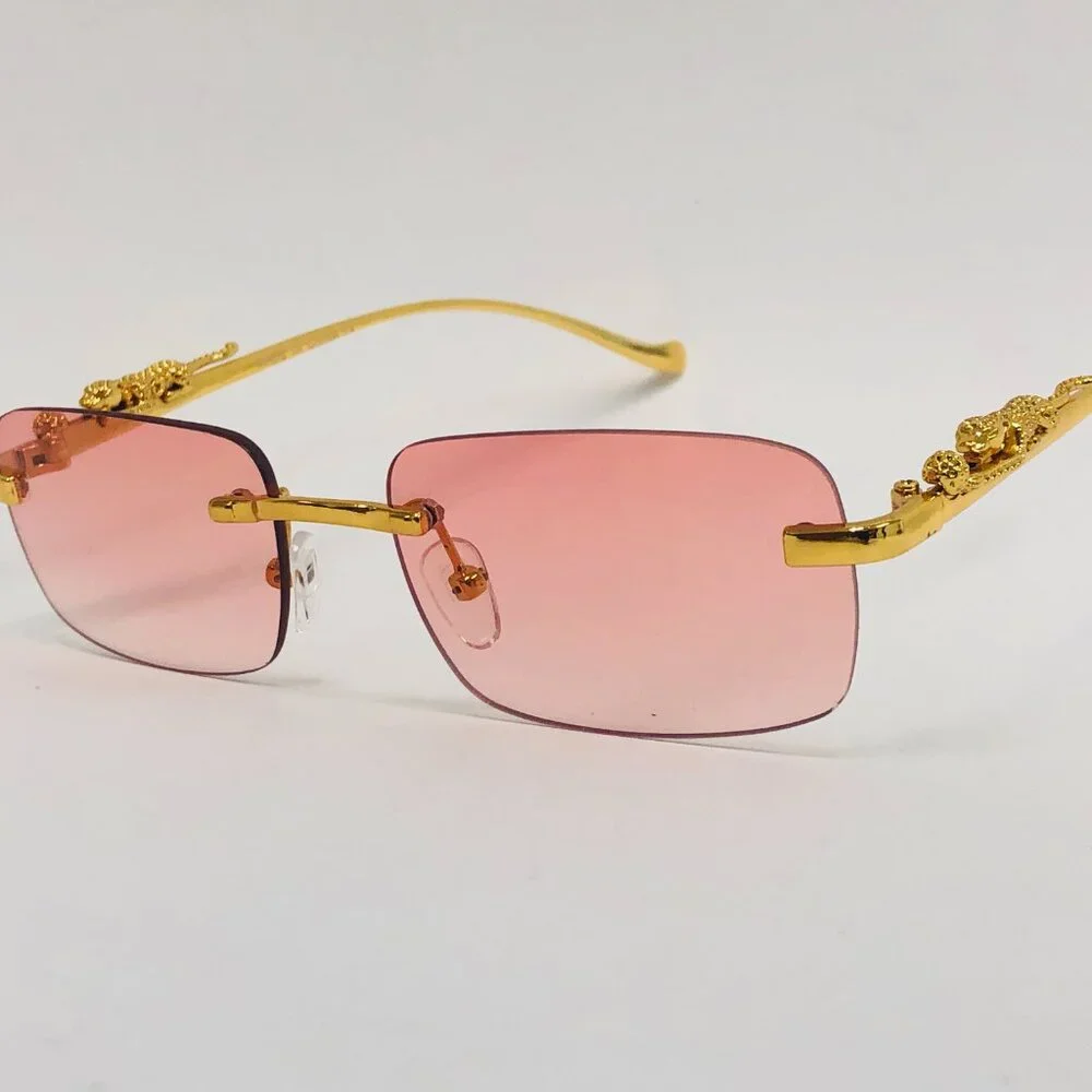 Men Women Sunglasses Pink Lens Rimless Luxury Retro Shades Gold Metal Lentes New